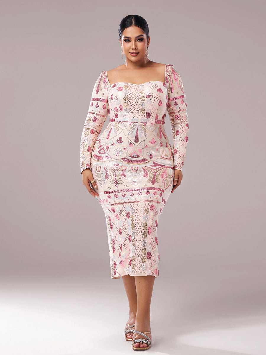 Plus Square Neck Sequin Split Midi Dress PRM20830 - MISS ORD
