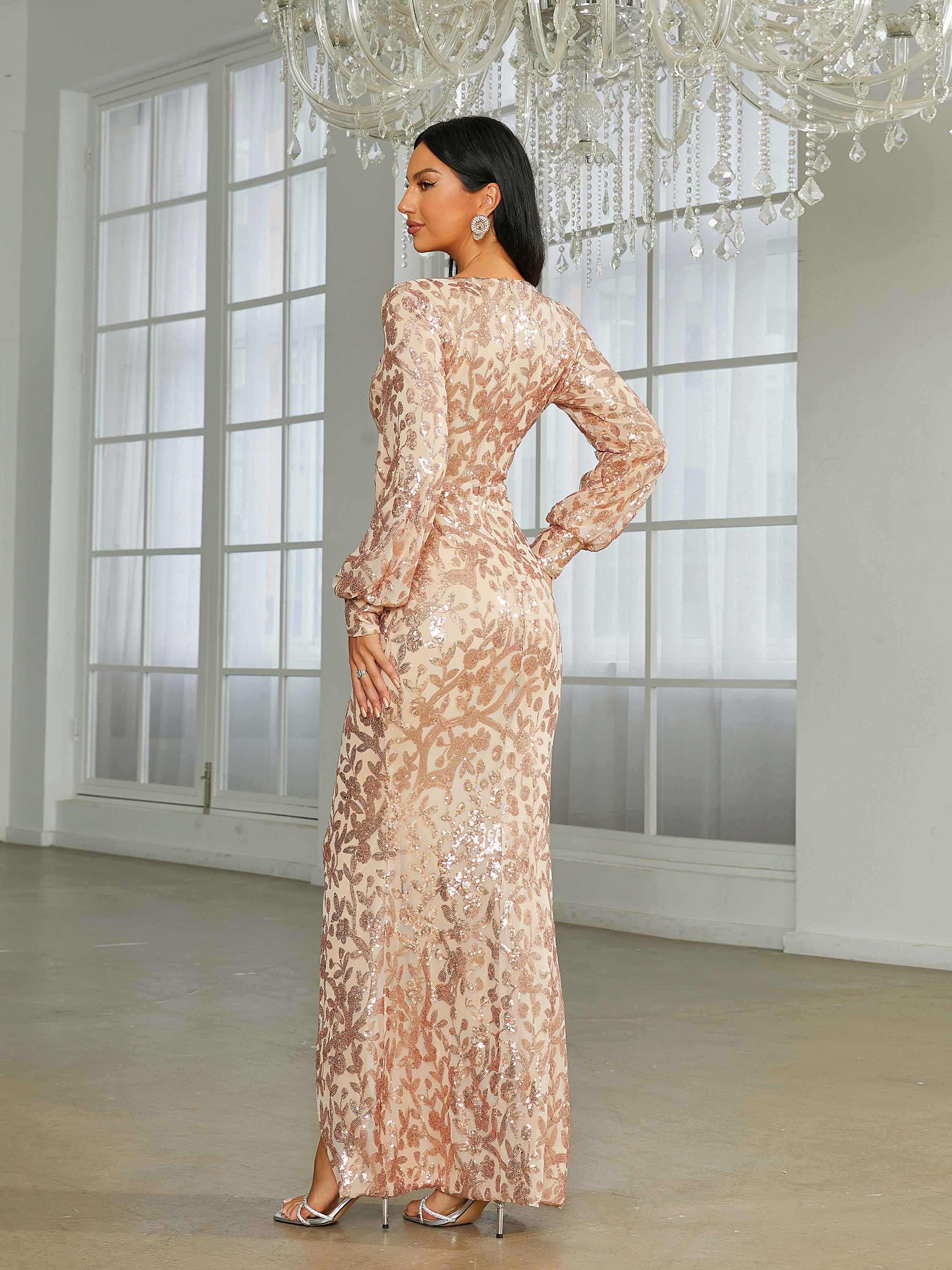 V-neck Split Sequin Wedding Guest Dress M01207 - MISS ORD