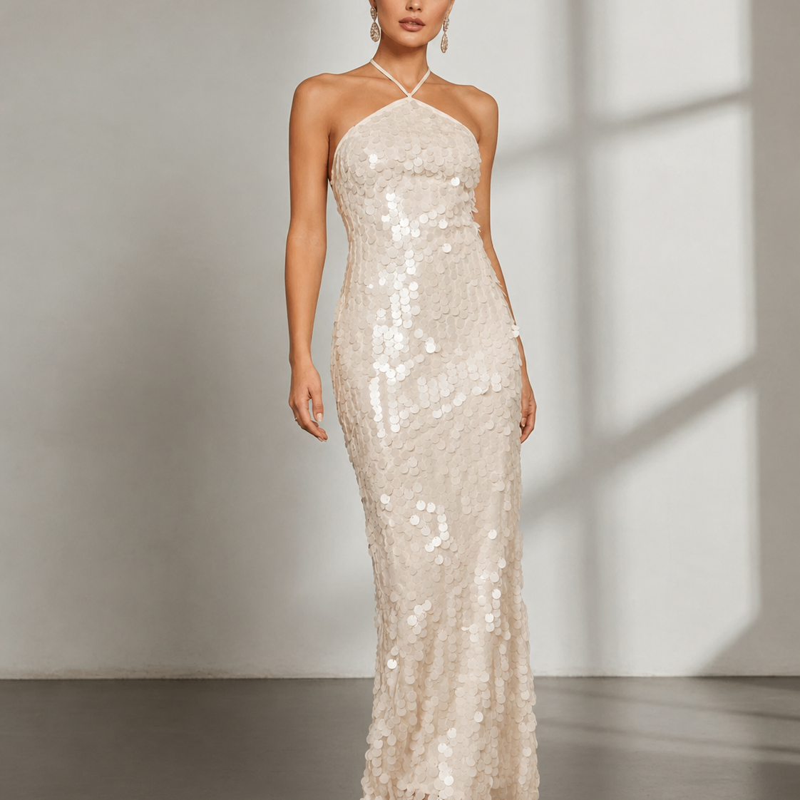 Ivory Sequin Halter Neck Backless Slit Maxi Evening Dress