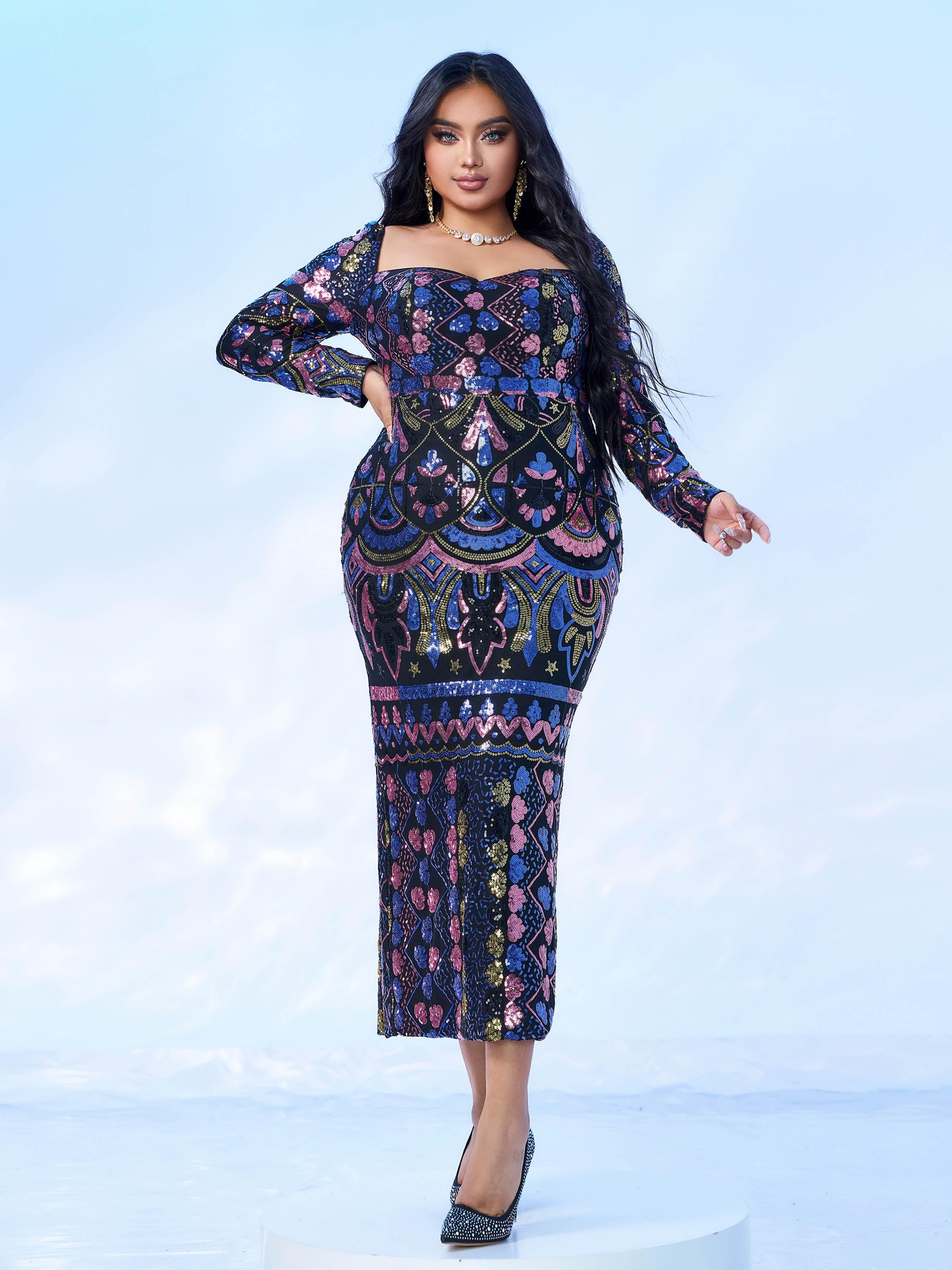 Plus Square Neck Sequin Split Midi Dress PRM20830 - MISS ORD