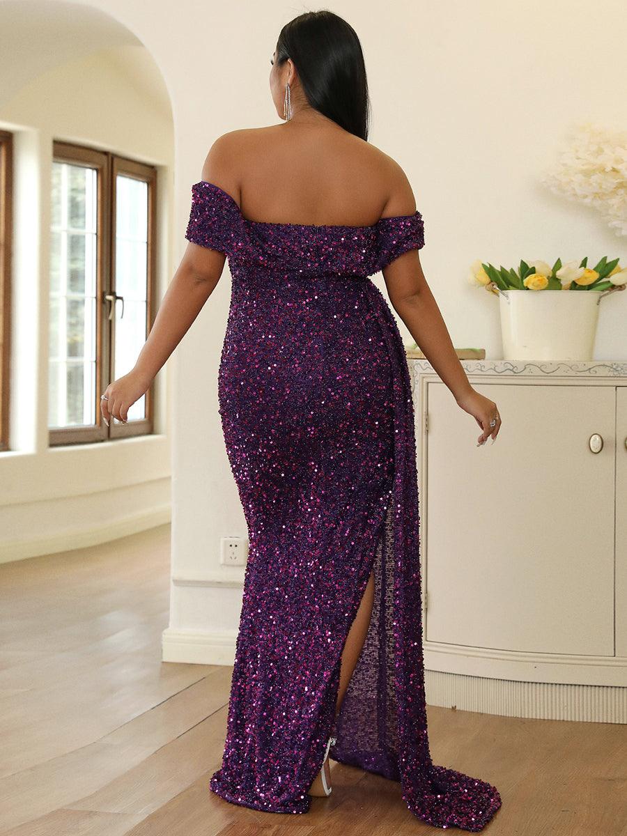 Plus Off Shoulder Draped Sequin Prom Dress PXH2132 - MISS ORD
