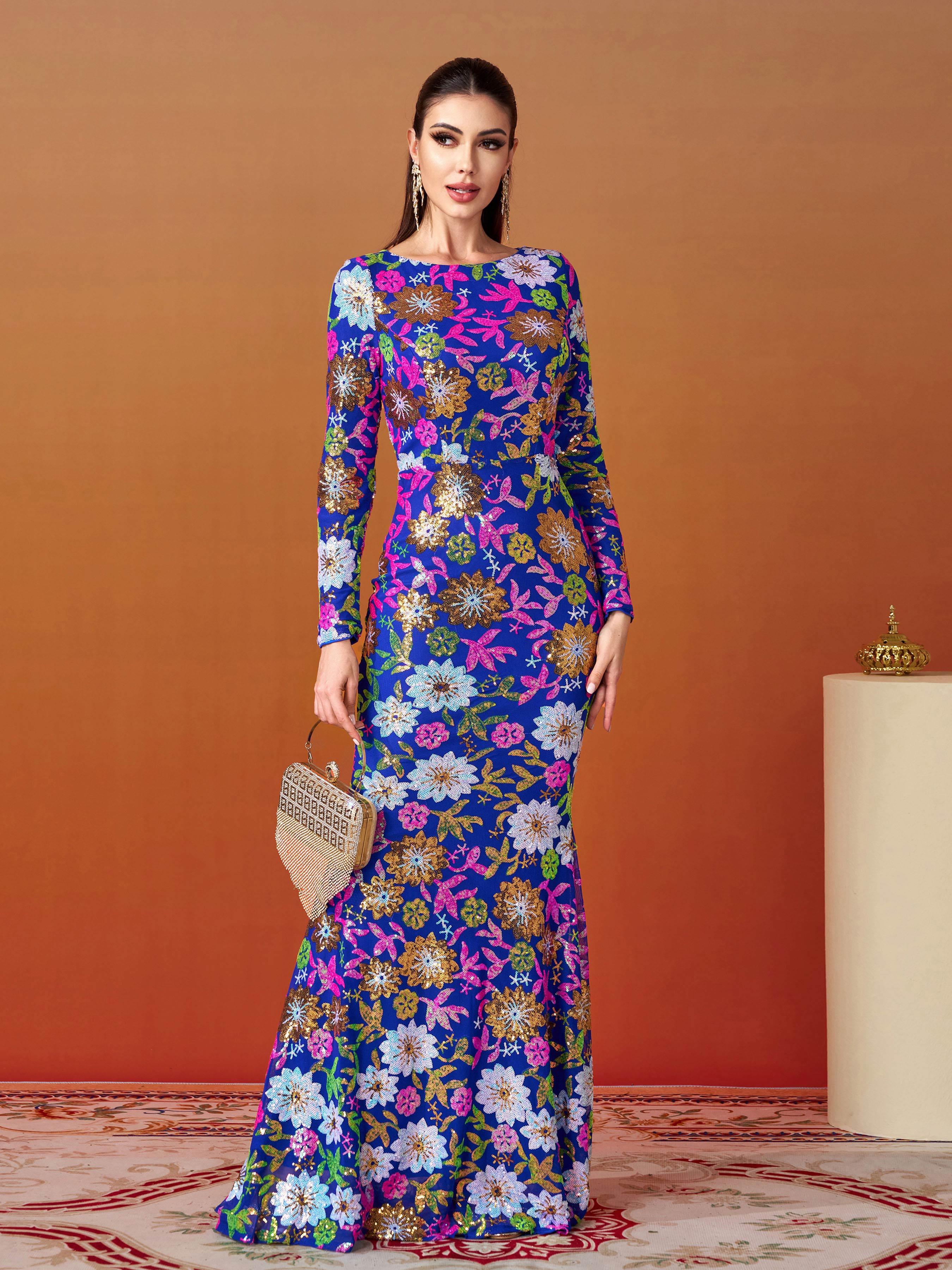 Crew Neck Floral Sequin Dress RJ10987 - MISS ORD