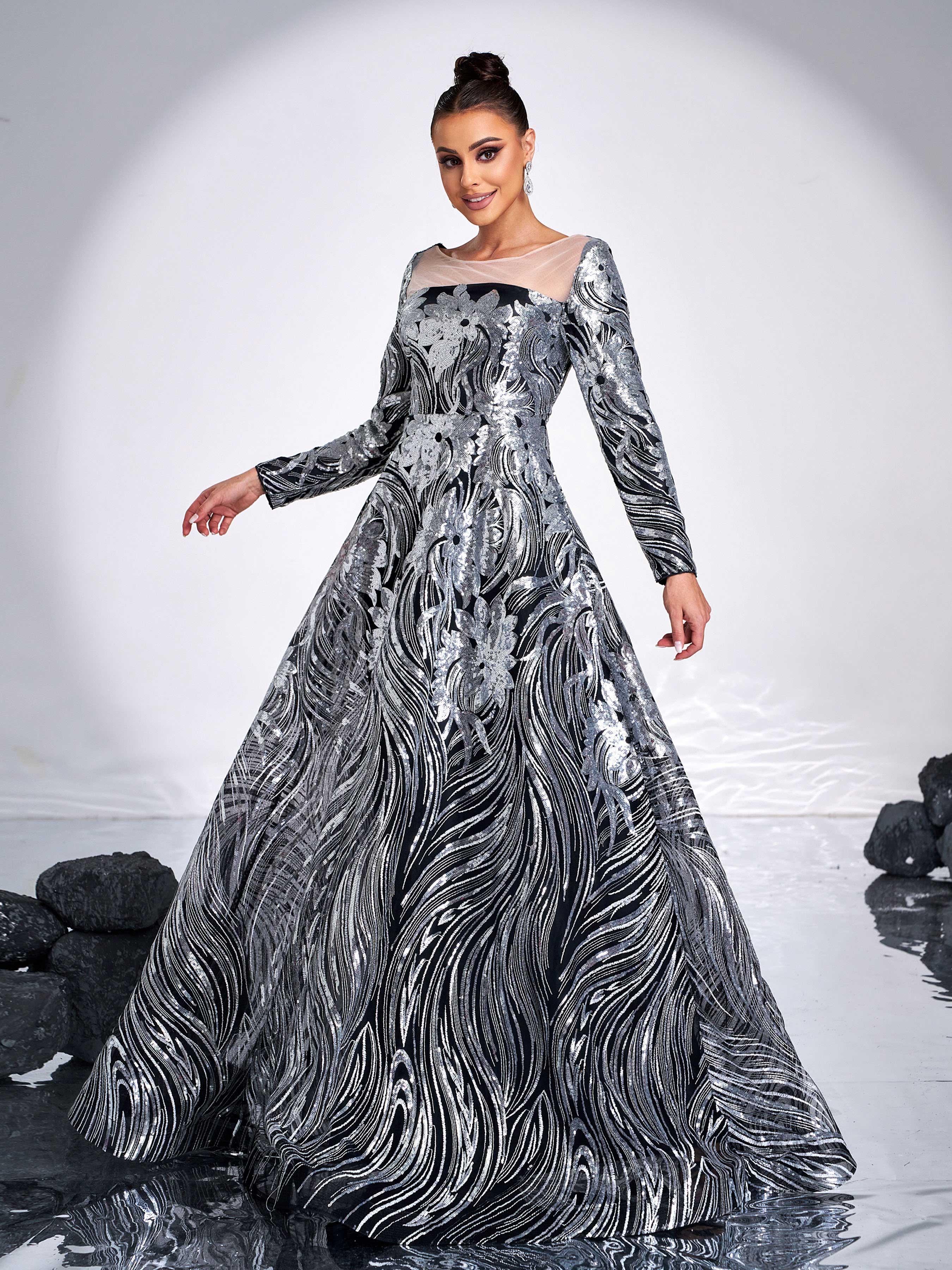 Black Panel A-line Sequin Evening Dress GM00588 - MISS ORD