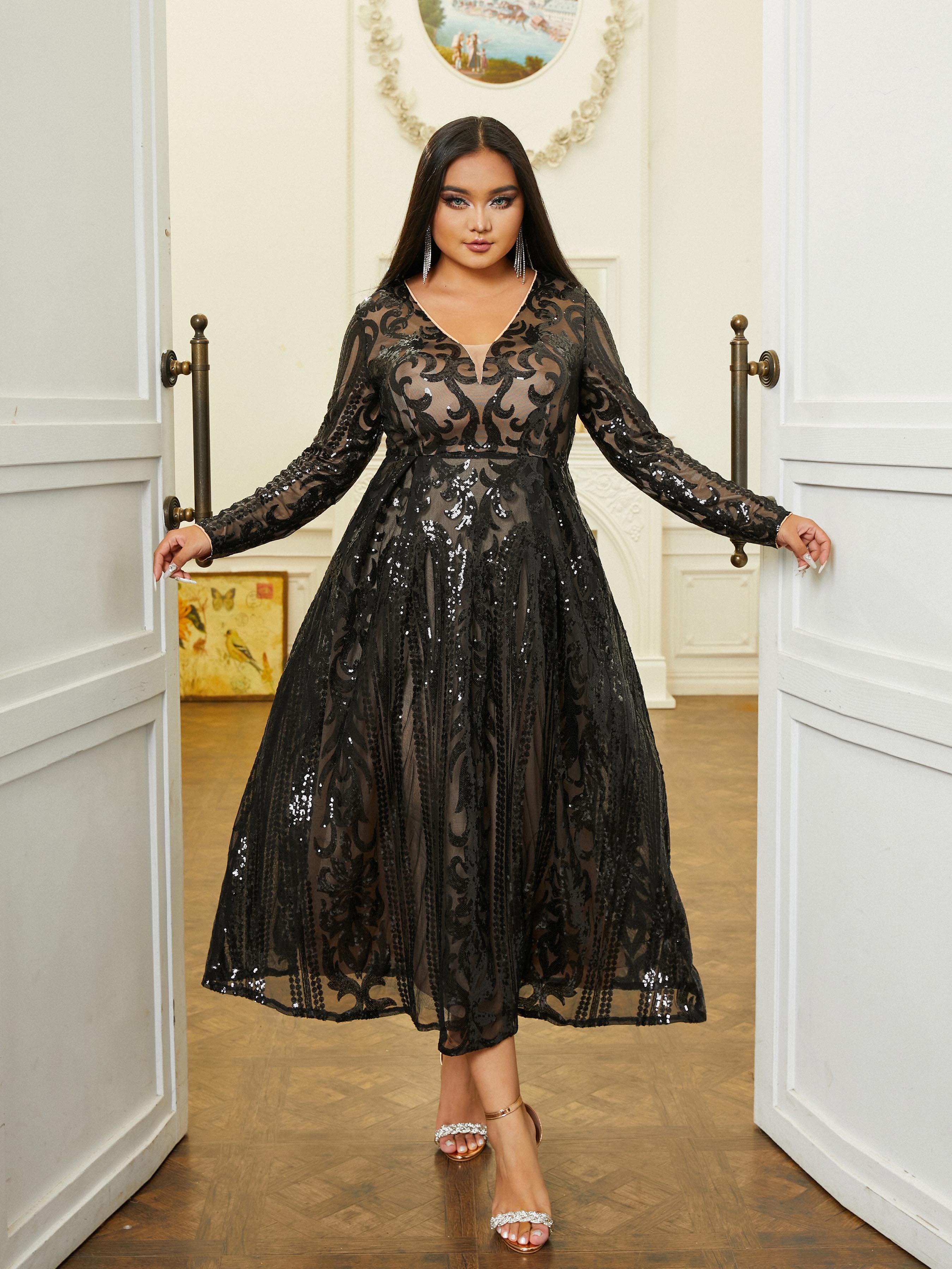 Plus V-neck Long Sleeve Sequin Dress PRJ10179 - MISS ORD