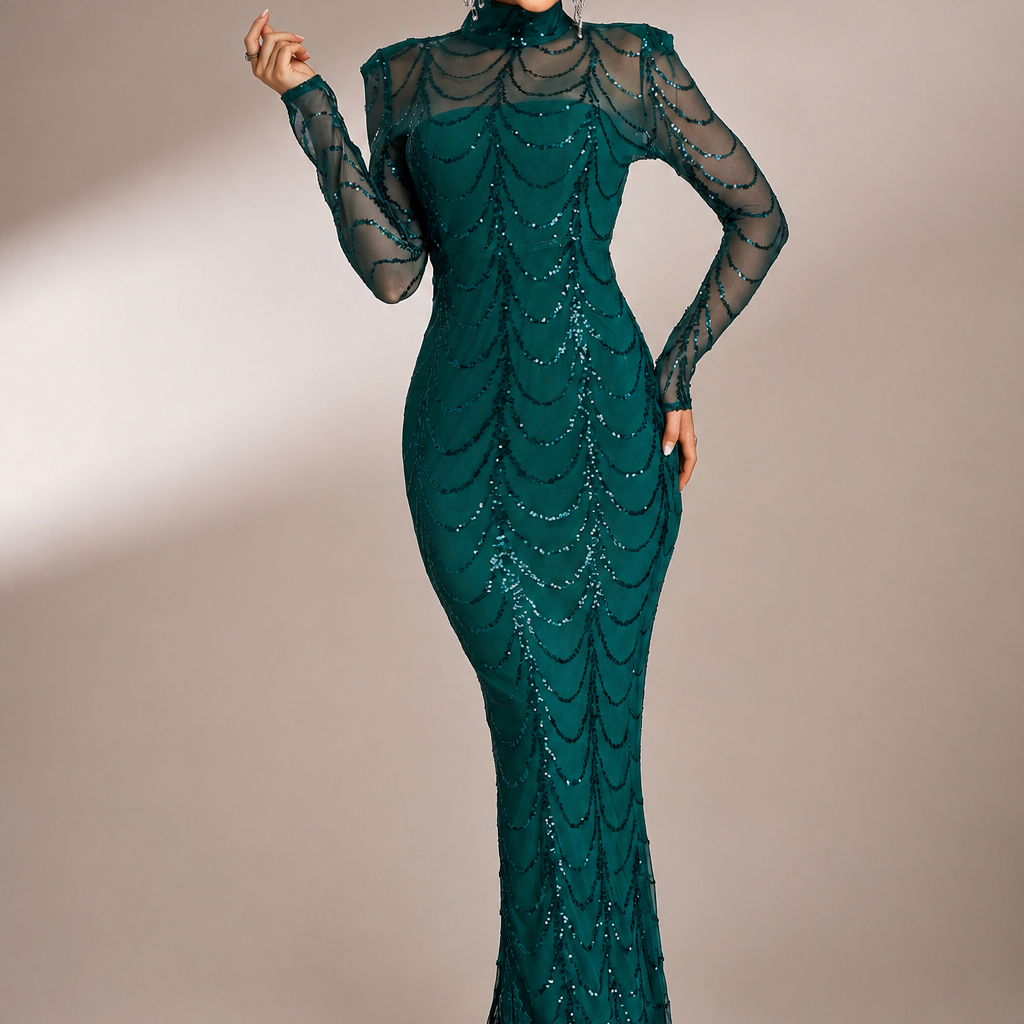Schwarzes Paillettenkleid aus transparentem Mesh M0032