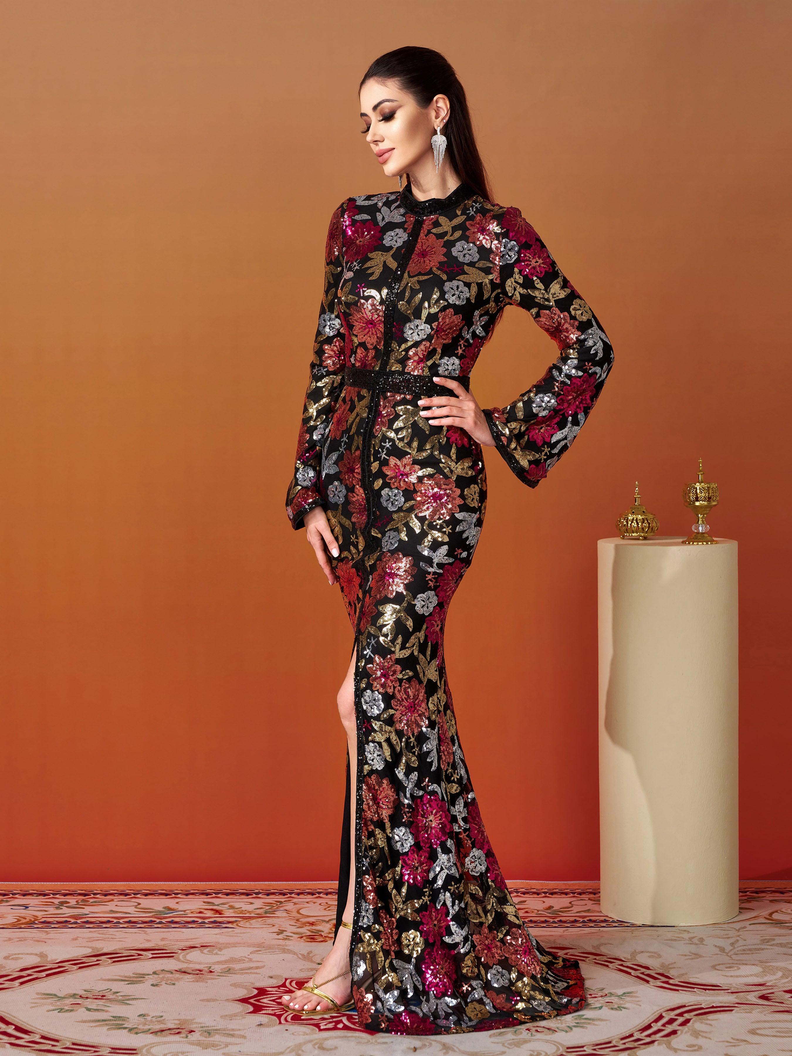 Vintage Floral Sequin Split Formal Dress GM00387 - MISS ORD