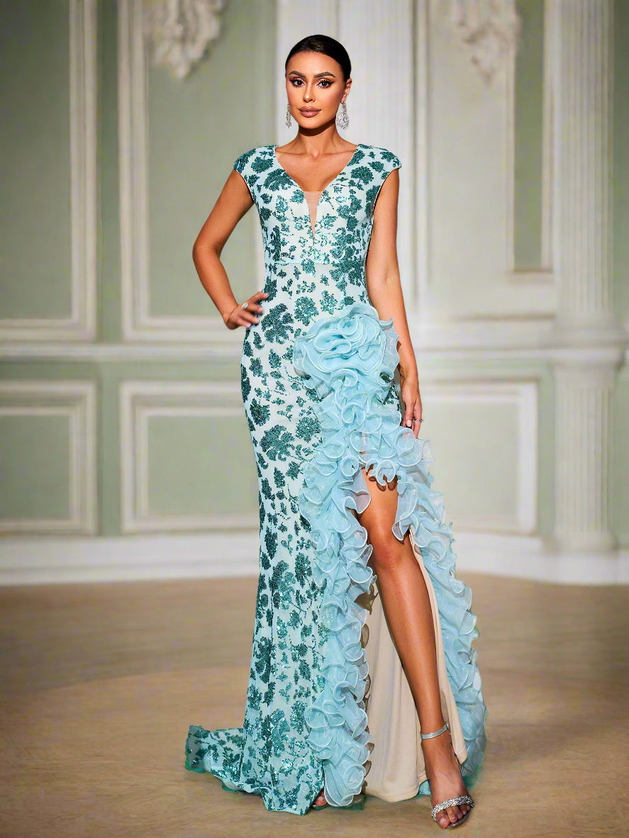 Sleeveless Ruffled Split Floral Sequin Dress RJ11878