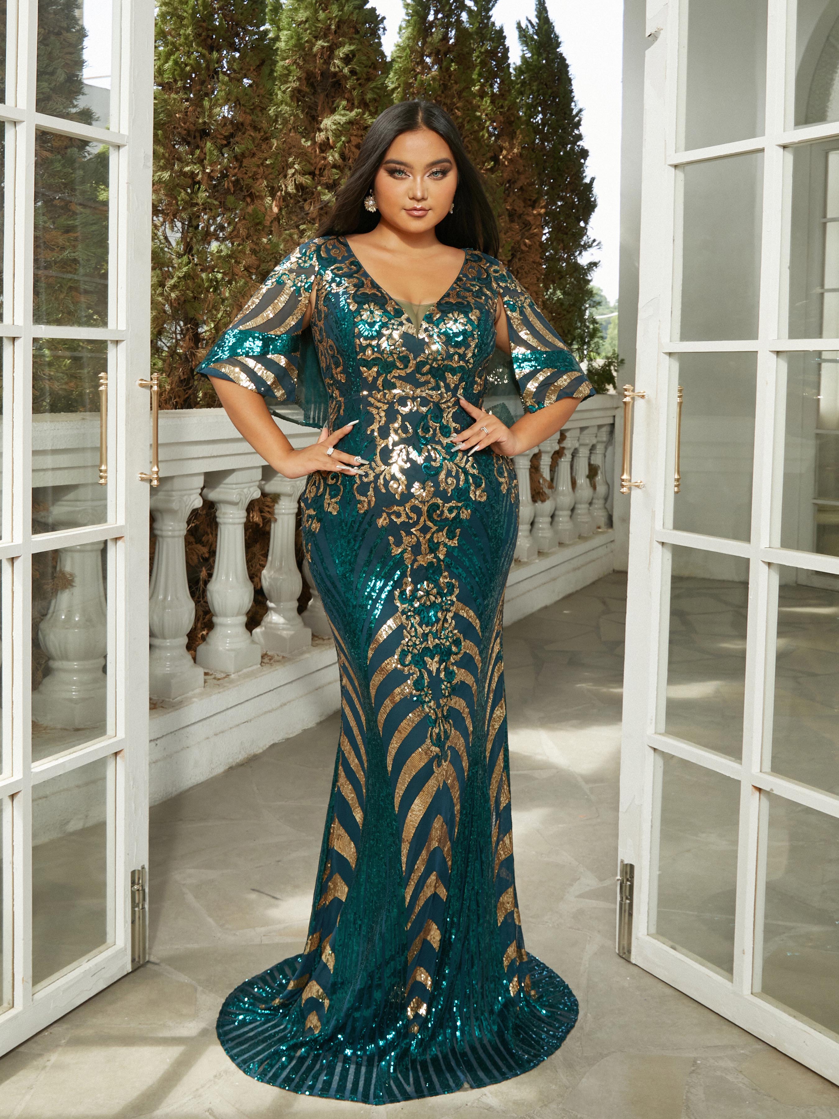 Plus V-neck Mermaid Sequin Green Dress PRH30738