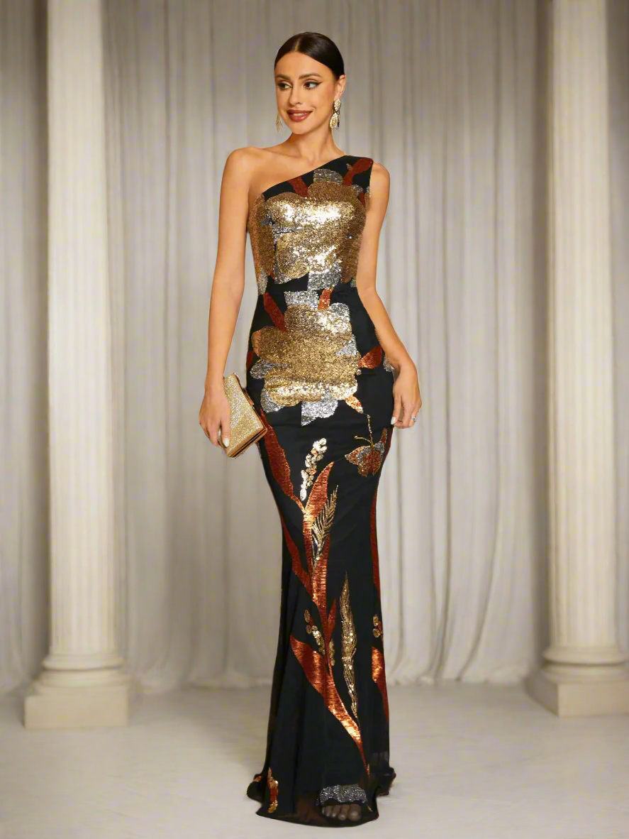Luxury One Shoulder Tulle Overlay Mermaid Hem Floral Sequin Prom Dress