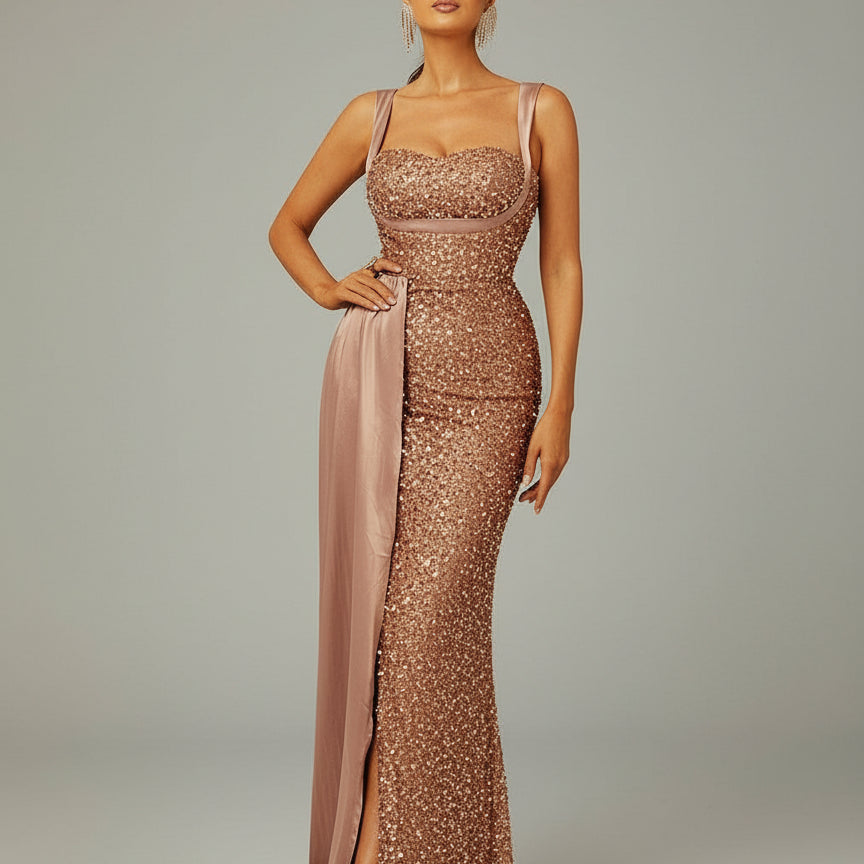 Ribbon Corset Sequin Maxi Prom Dress XH2162 - MISS ORD