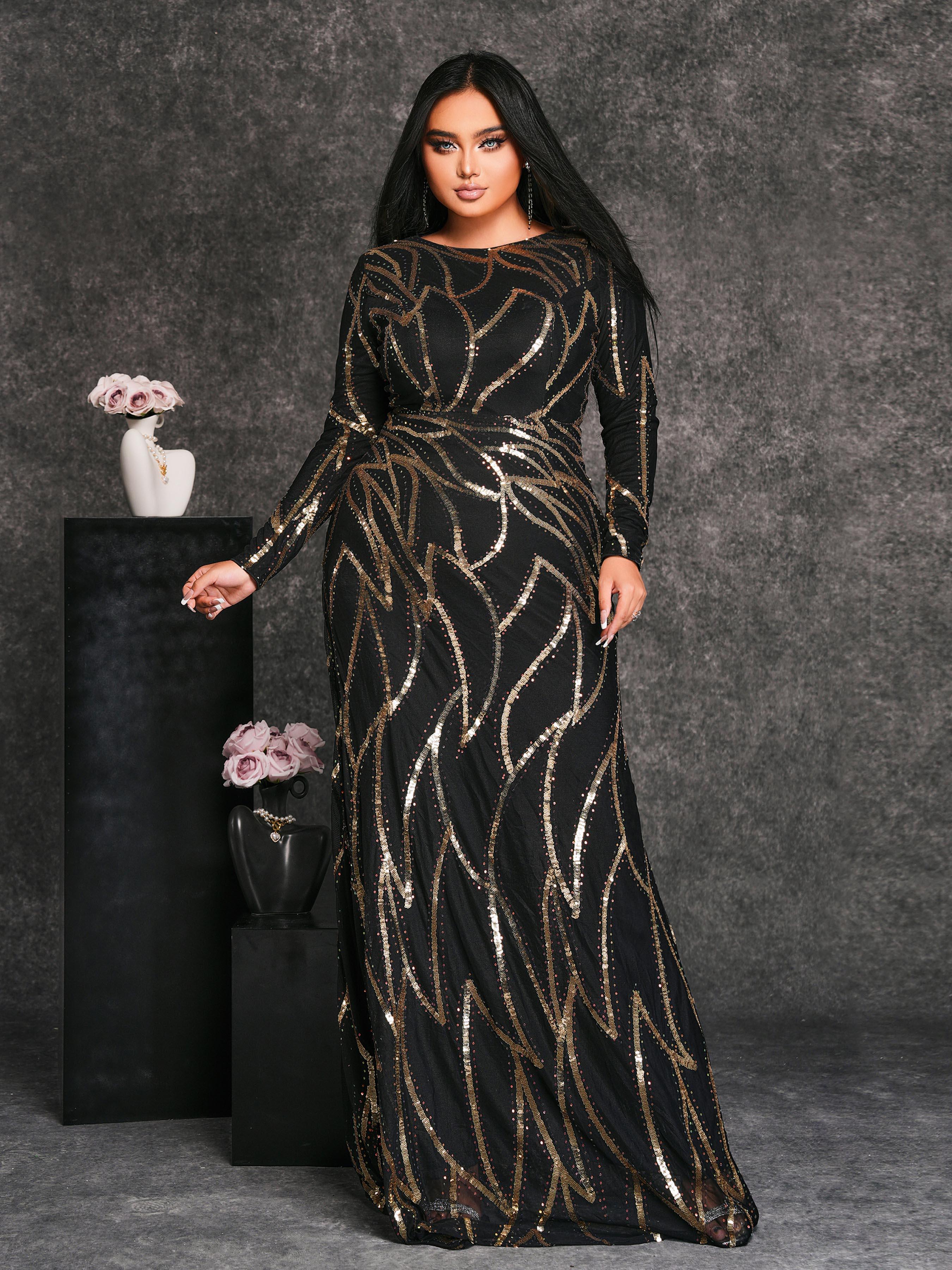 Plus Long Sleeve Sequin A-line Dress PXJ1962 - MISS ORD