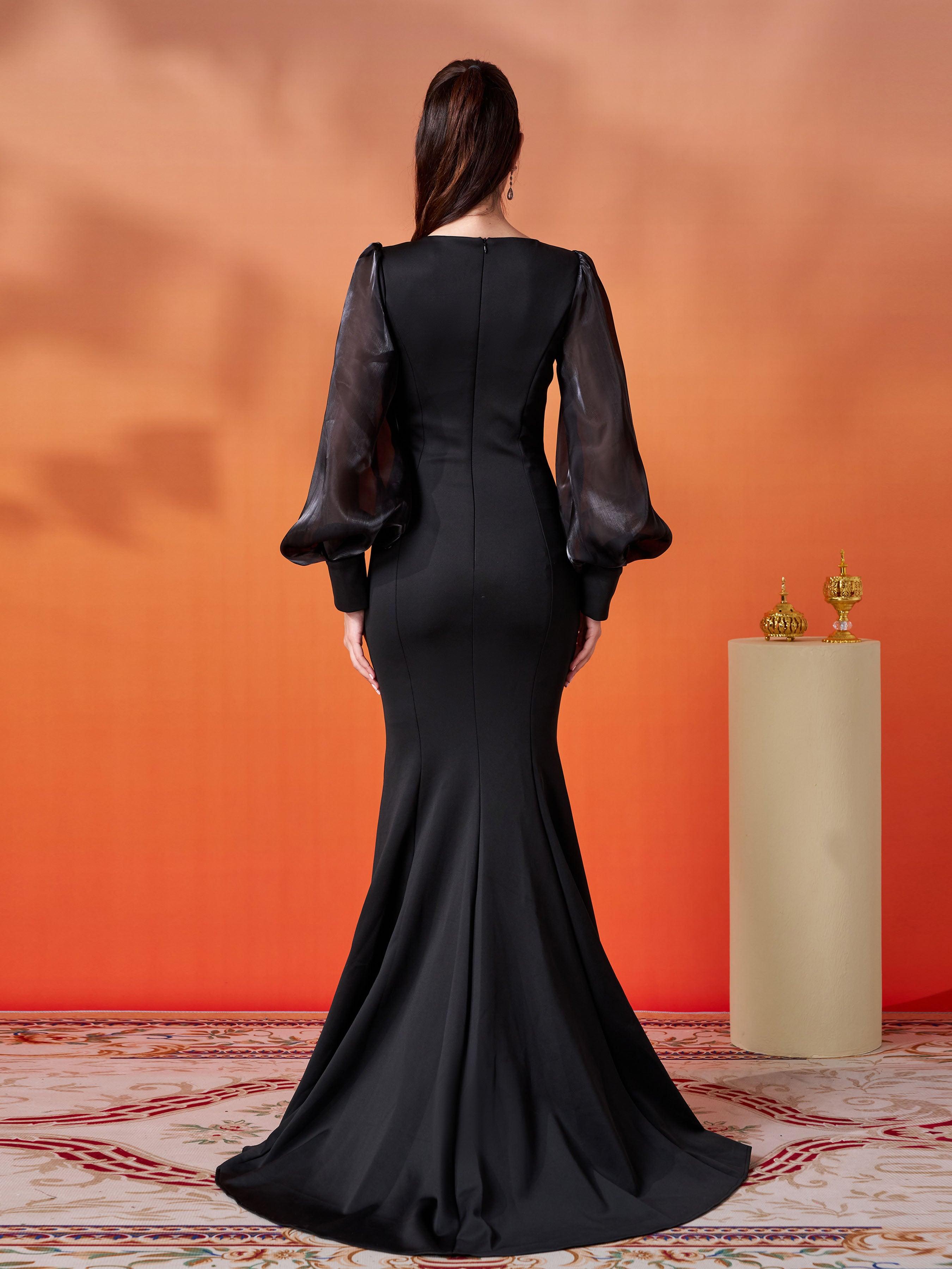 Black Embroidery Floor Length Puff Sleeve Dress DH80308 - MISS ORD