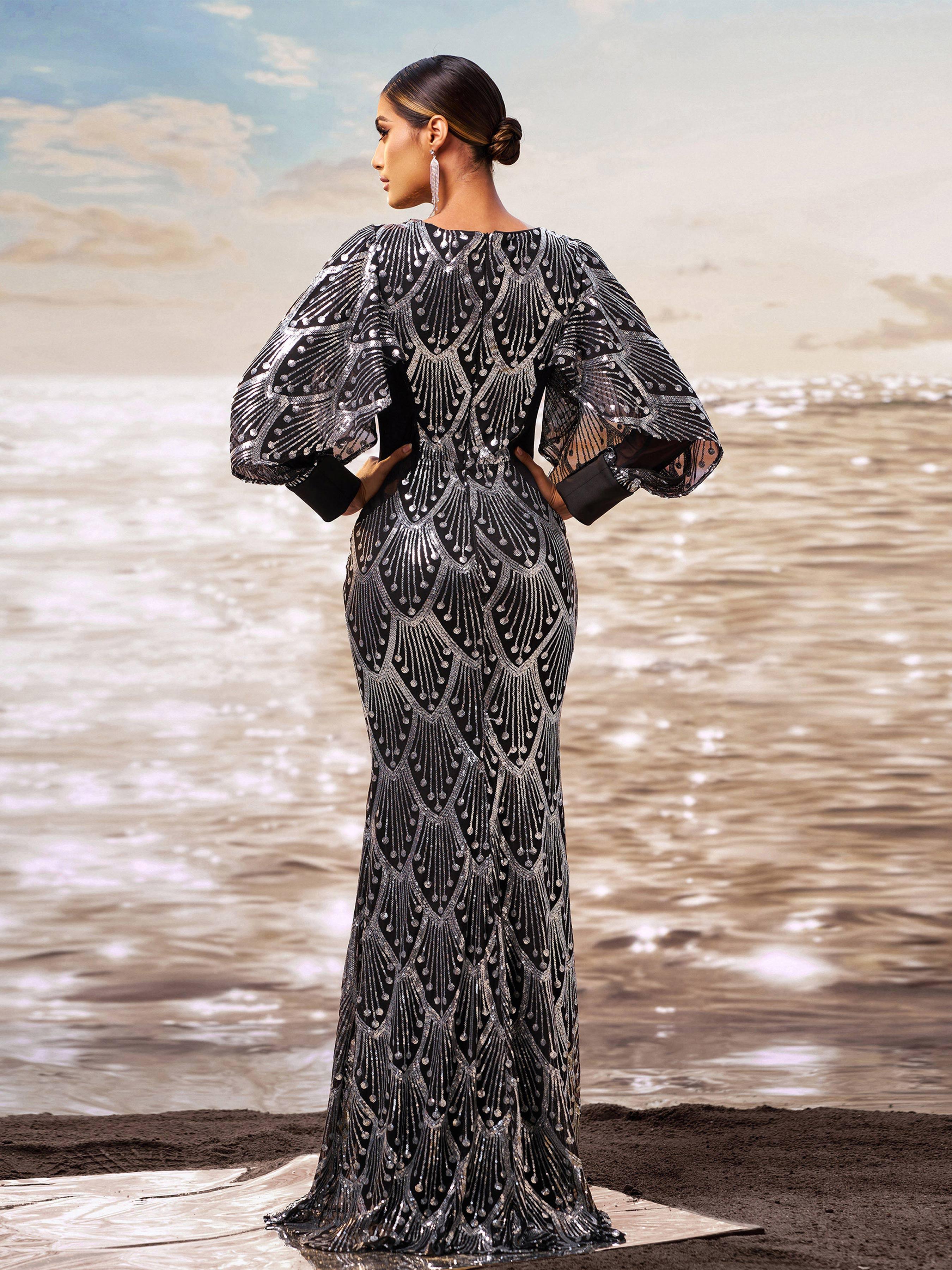 Classic Black Sequin Ballon Sleeve Prom Dress DH80287 - MISS ORD