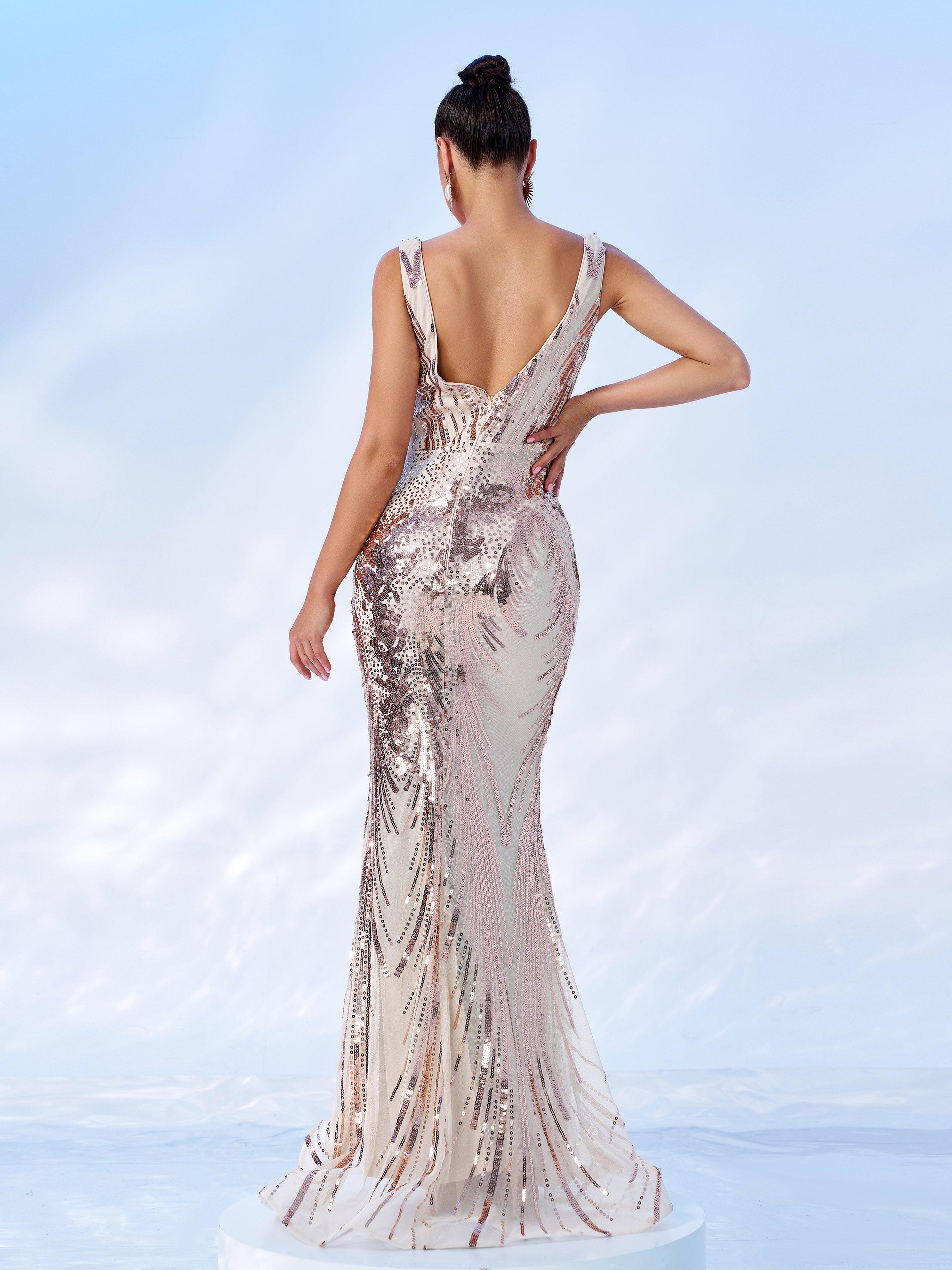 V-neck Sleeveless Mermaid Sequin Formal Dress RM21551 - MISS ORD