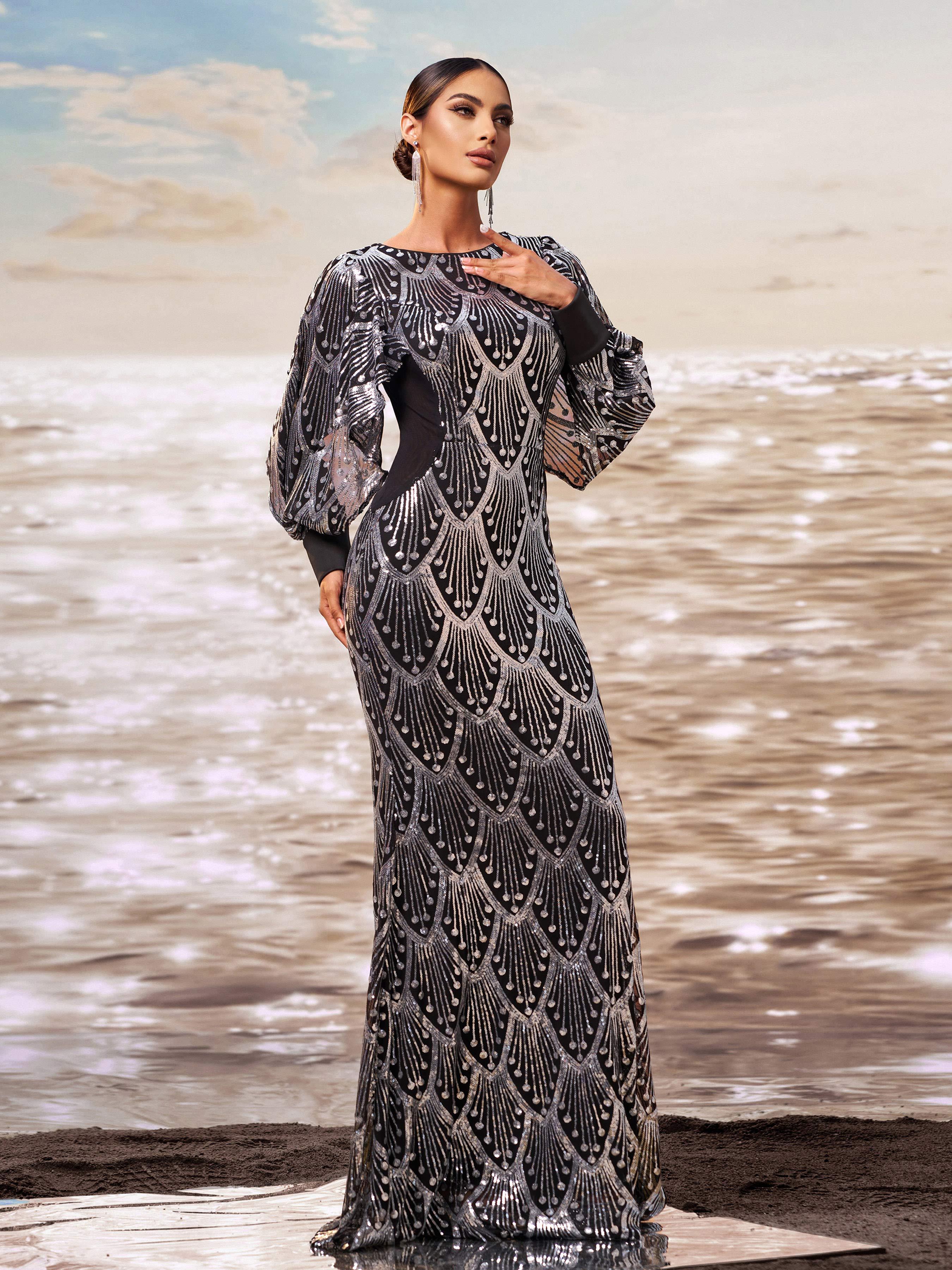 Classic Black Sequin Ballon Sleeve Prom Dress DH80287 - MISS ORD