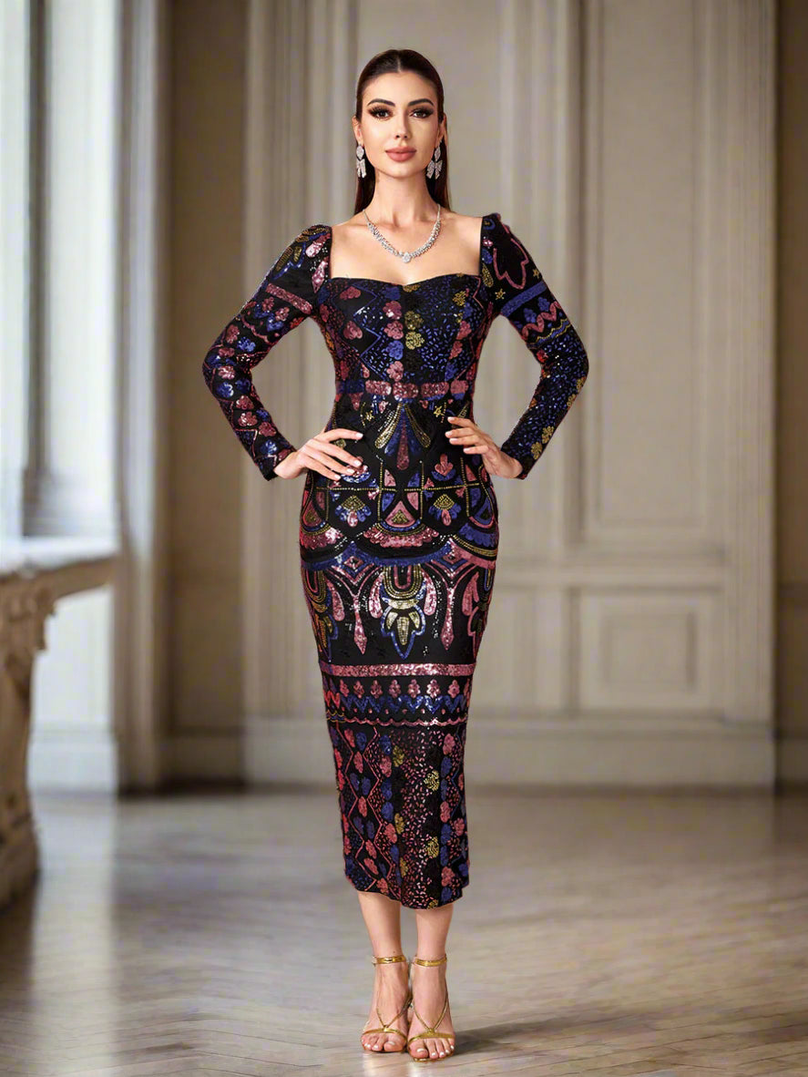 Square Neck Long Sleeve Split Sequin Dress RM20830 - MISS ORD