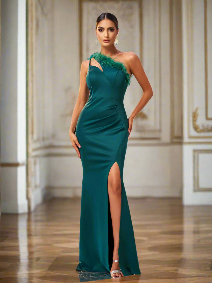 One Shoulder Feather Cutout Formal Dress GM90010 - MISS ORD