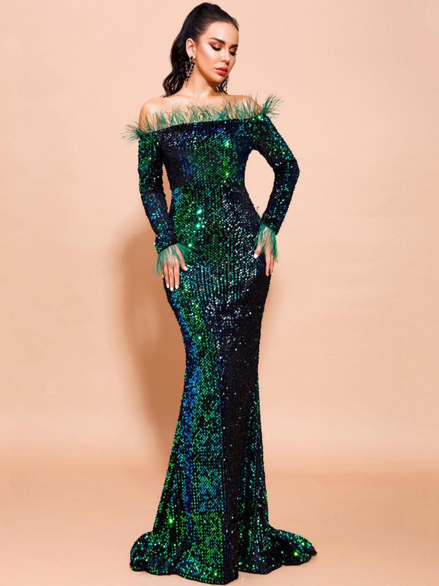 Off Shoulder Feather Sequin Evening Dress FT19005 - MISS ORD