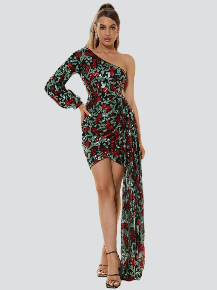 Floral One Shoulder Draped Mini Dress XJ1387 - MISS ORD