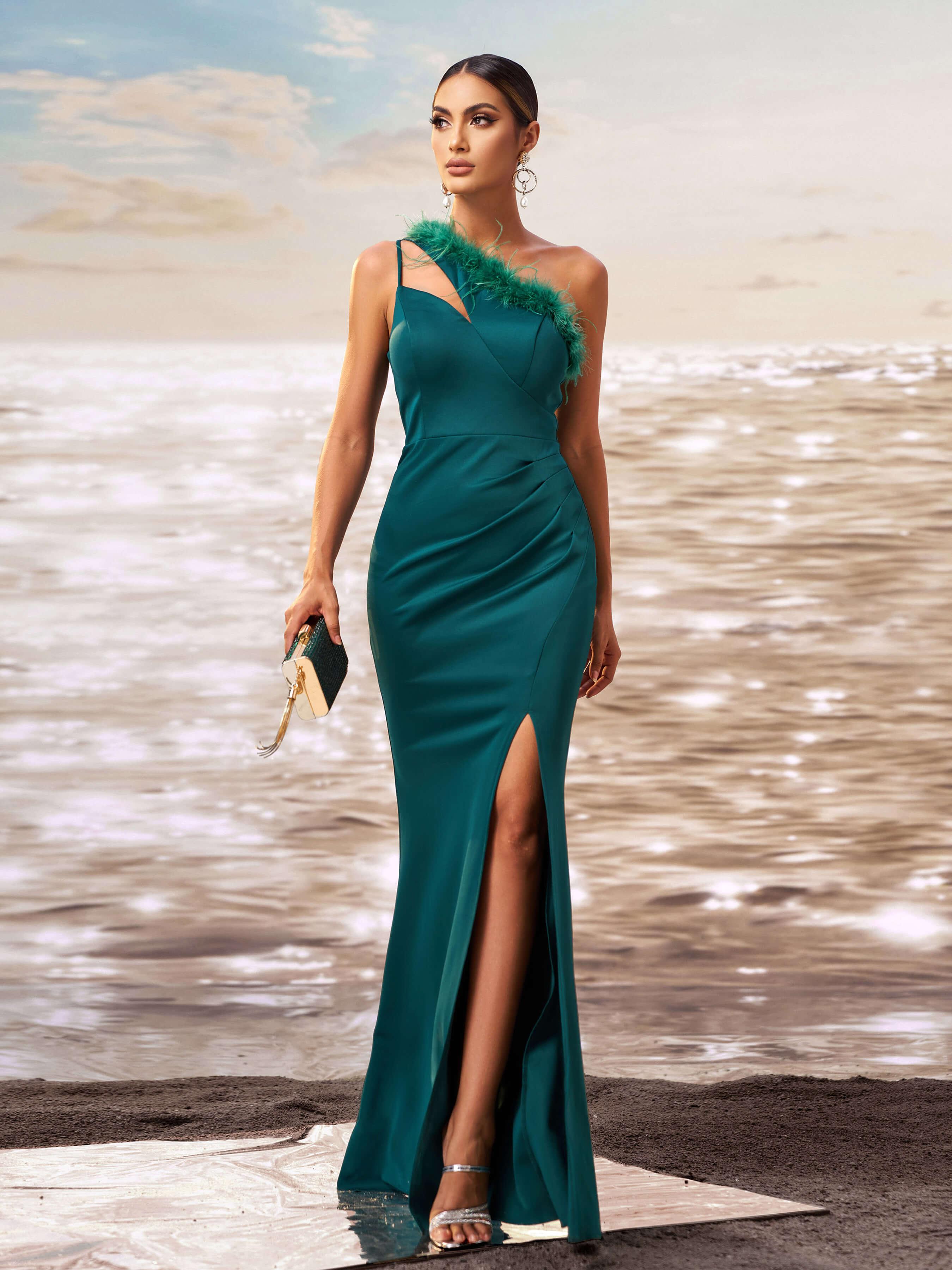 One Shoulder Feather Cutout Formal Dress GM90010 - MISS ORD