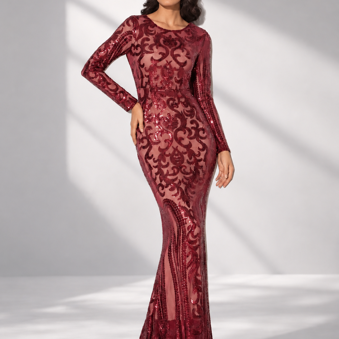 Formelles Langarm-Abendkleid mit Pailletten FT8578