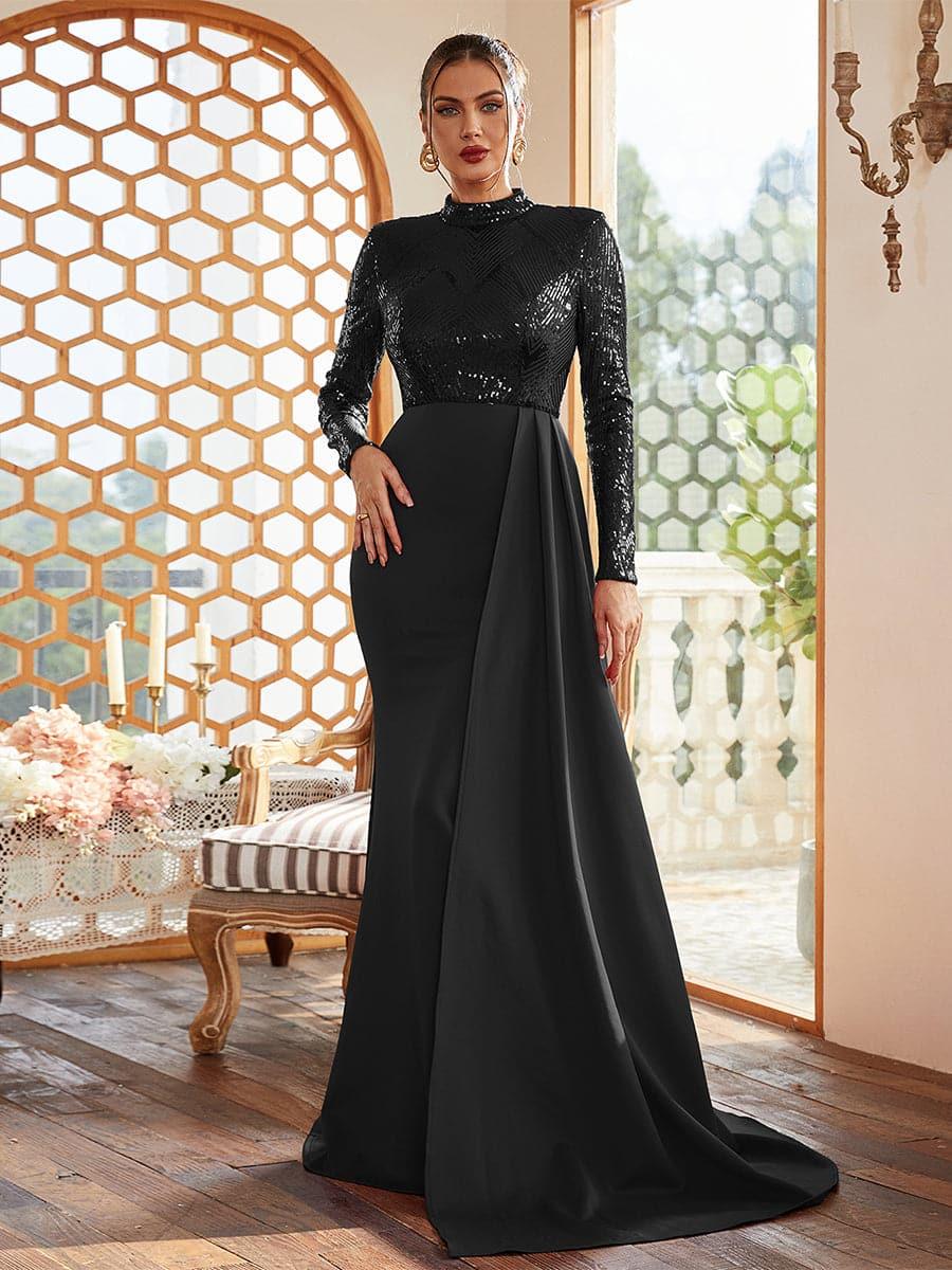 Draping Long Sleeve Sequin Formal Dress M02153 - MISS ORD