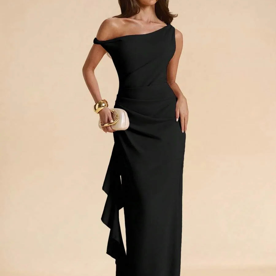 One Shoulder Ruched Ruffle High Slit Maxi Evening Dress