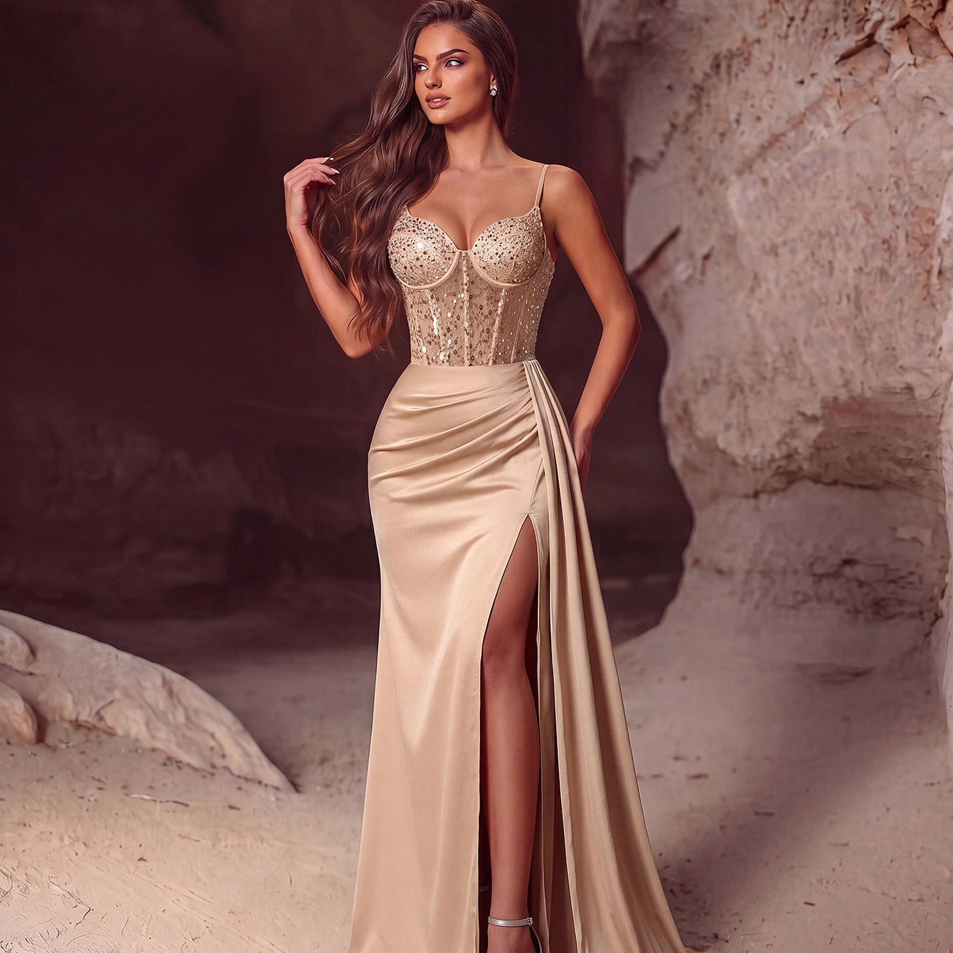 Beaded Corset Ruched Satin High Slit Prom Dress