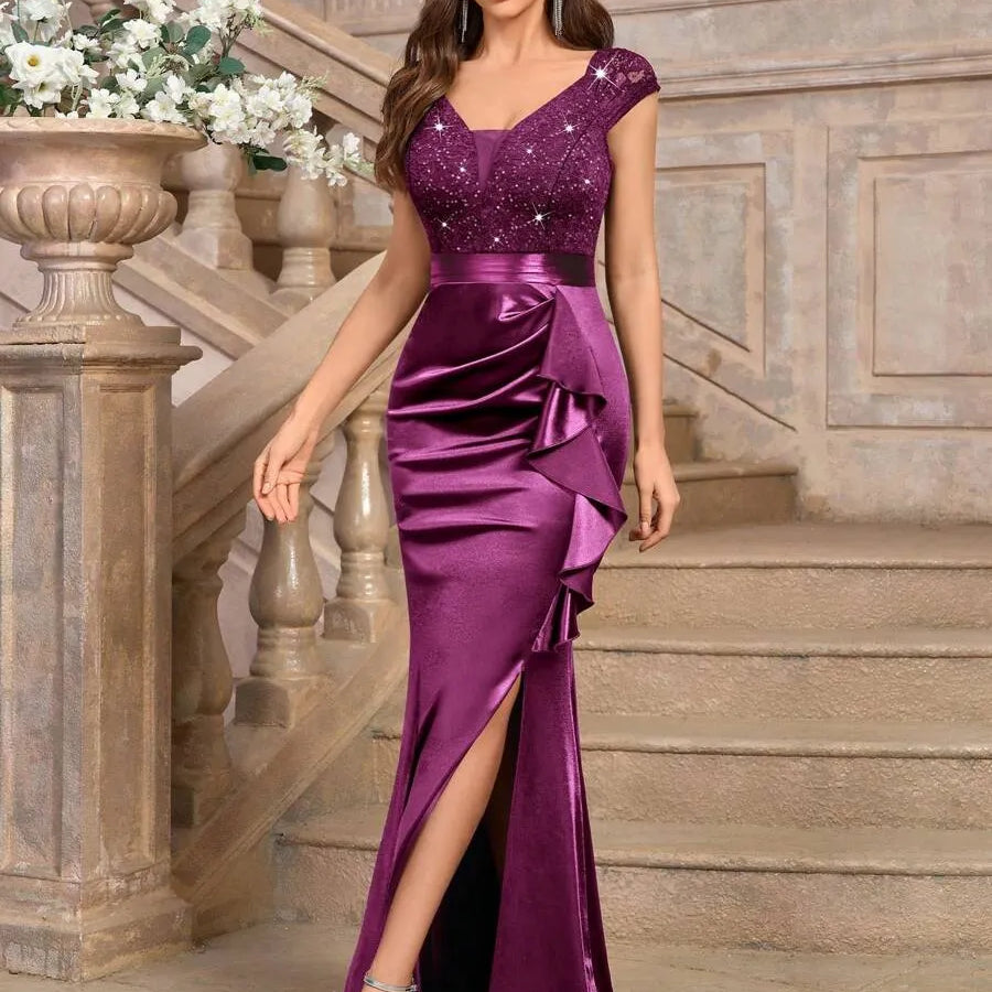 Sweetheart Sequin Lace Satin Mermaid High Slit Evening Dress