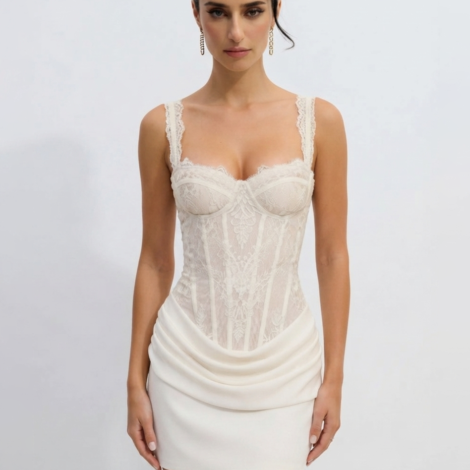 White Ruched Lace Corset Cocktail Dress