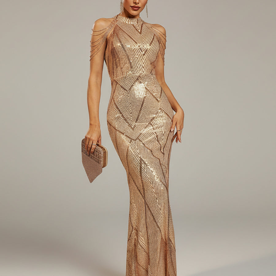 Cold Shoulder Beads Chain Cocktail Dress M01081