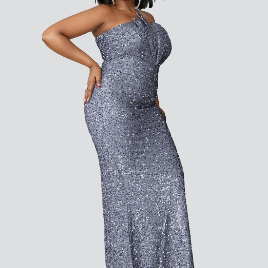 Plus Size Strapless Glitter Sequin Maxi Prom Dress PXJ978