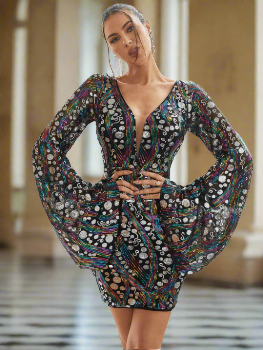V-Neck Flared Sleeve Multicolor Sequin Mini Dress XJ1936 - MISS ORD