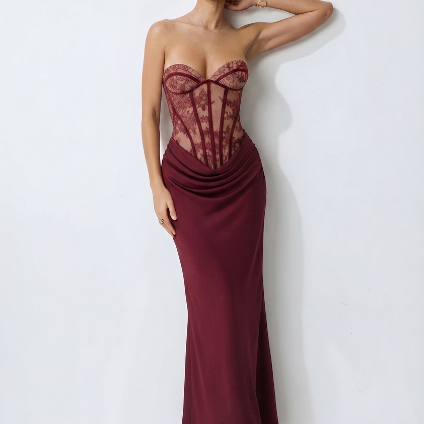 Strapless Lace Corset Ruched Formal Dress