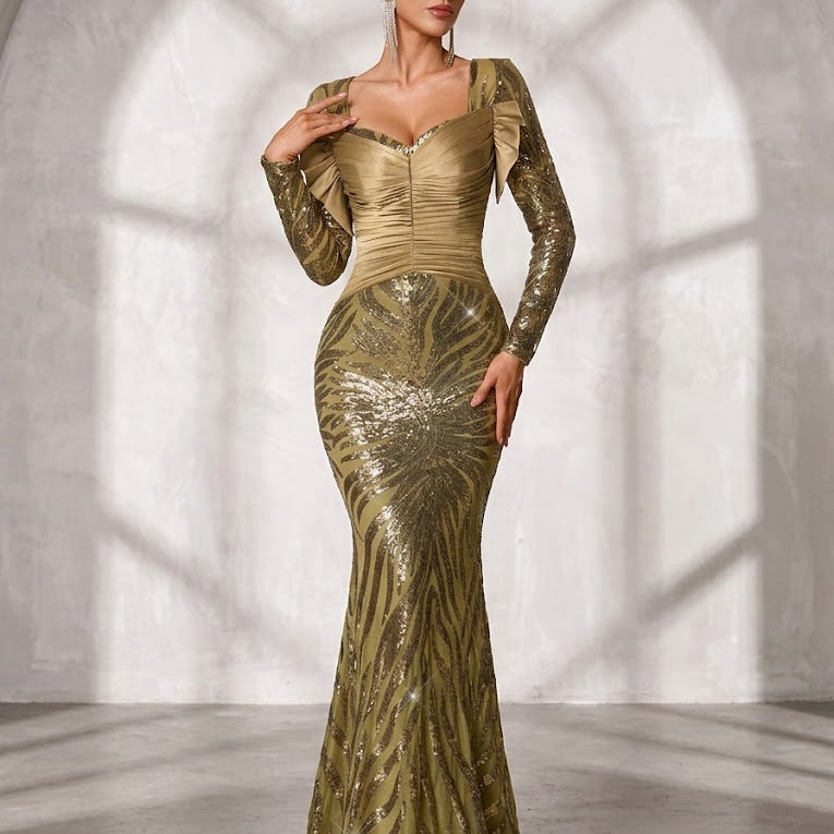 Green Graphic Sequin Ruched Formal Dress SL30182