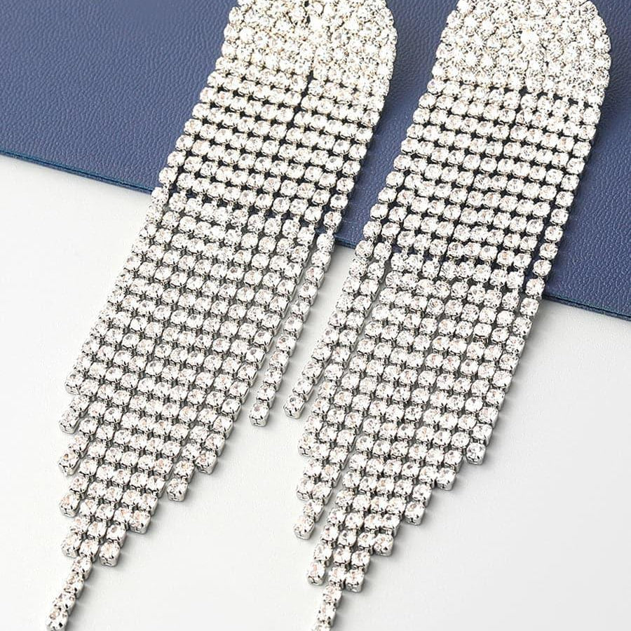 Chain Alloy Inlay Stone Long Tassel Earrings MSE101023 - MISS ORD