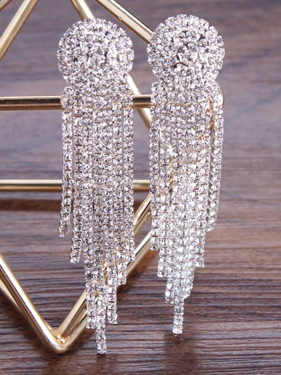 Missord Metal Inlay Rhinestone Tassel Earrings MSE101074 - MISS ORD