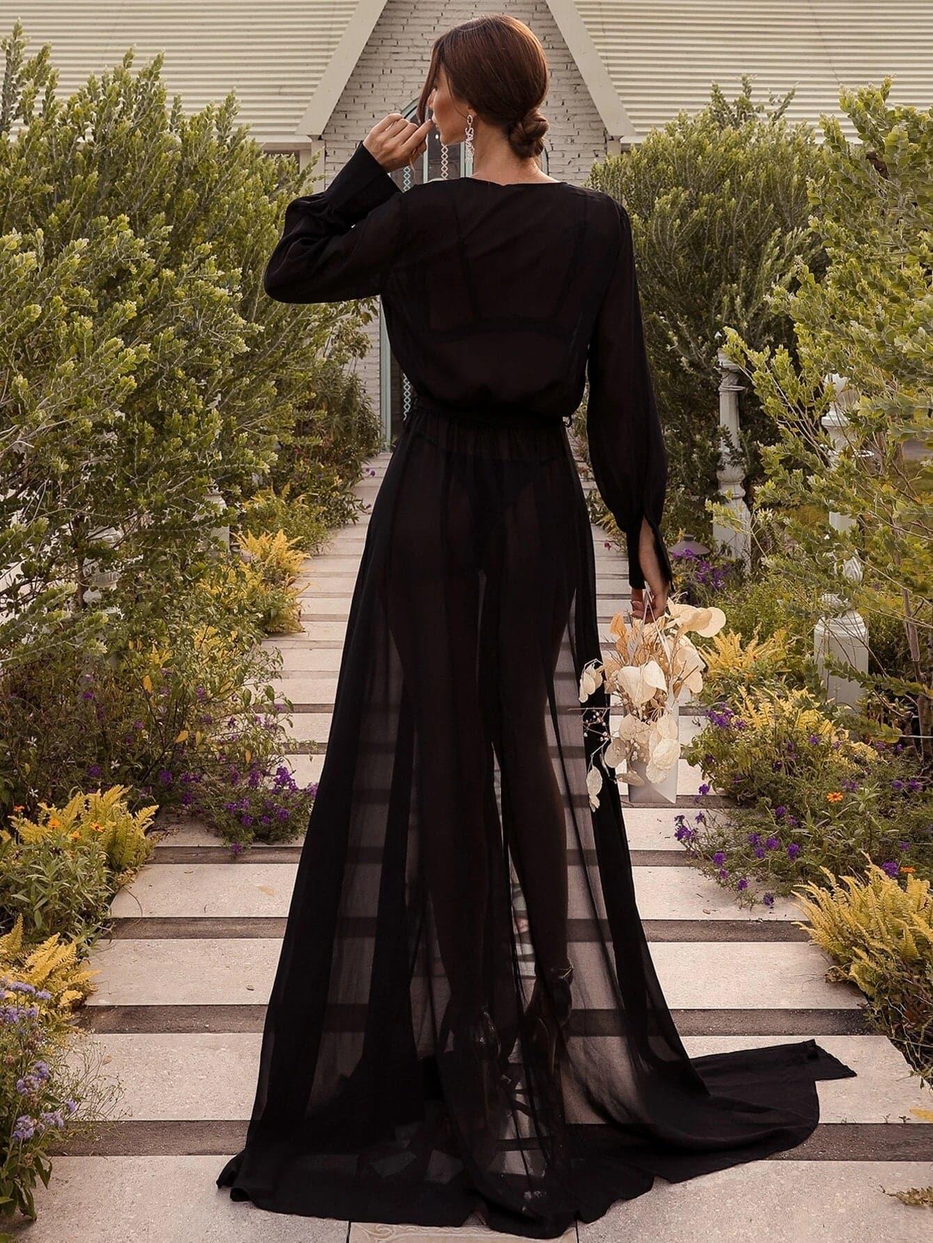 Surplice Neck Belted Split Thigh Gold Maxi Dress FT2858 - MISS ORD