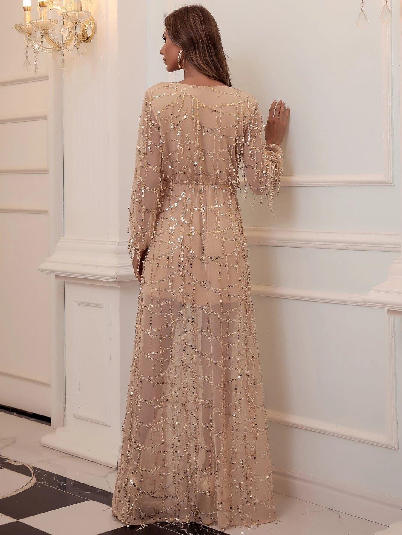 V-neck Wrap Hem Sequin Maxi Dress FT2901 - MISS ORD