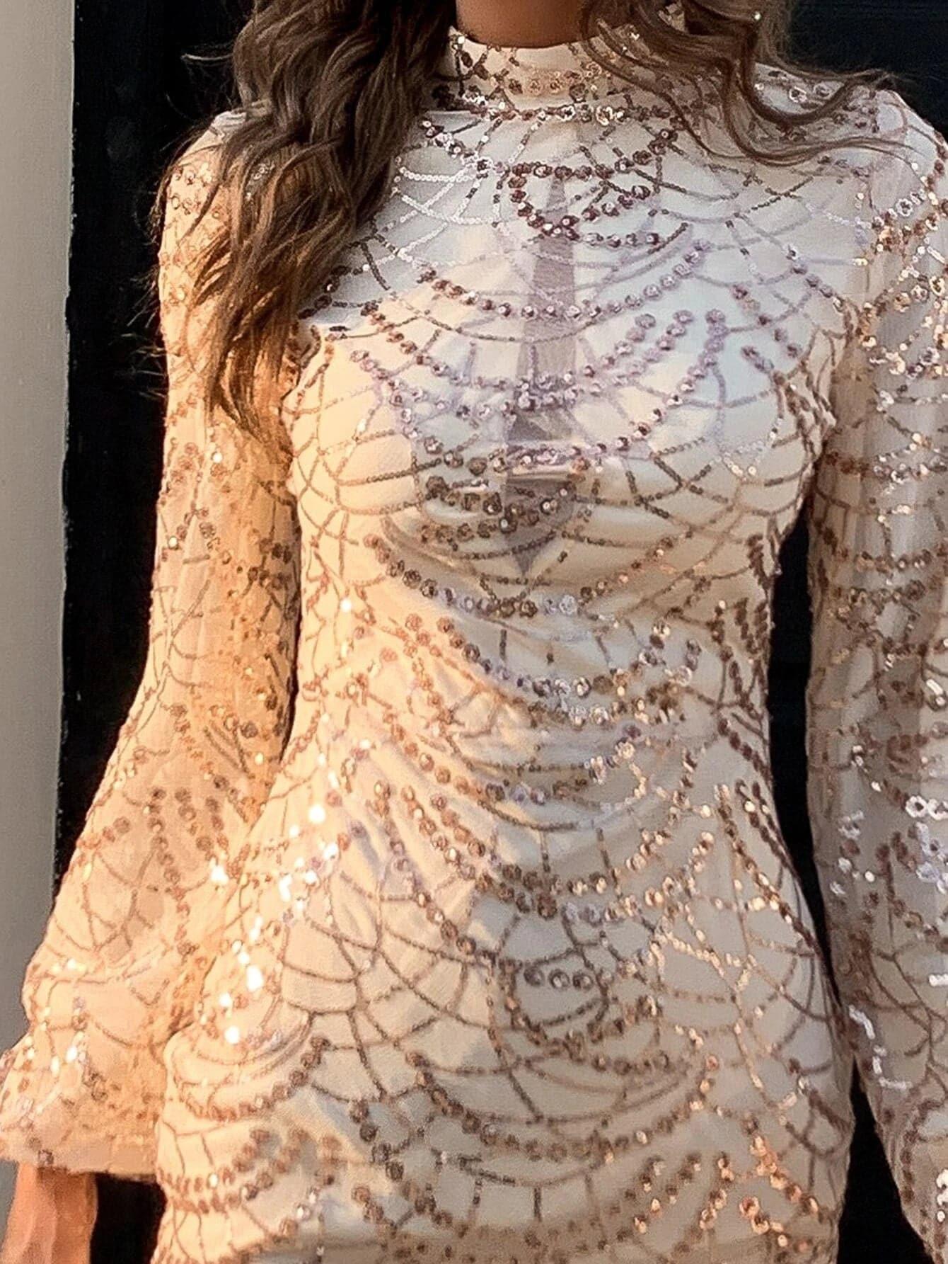 Mock Neck Sequin Bodycon Dress M01067 - MISS ORD