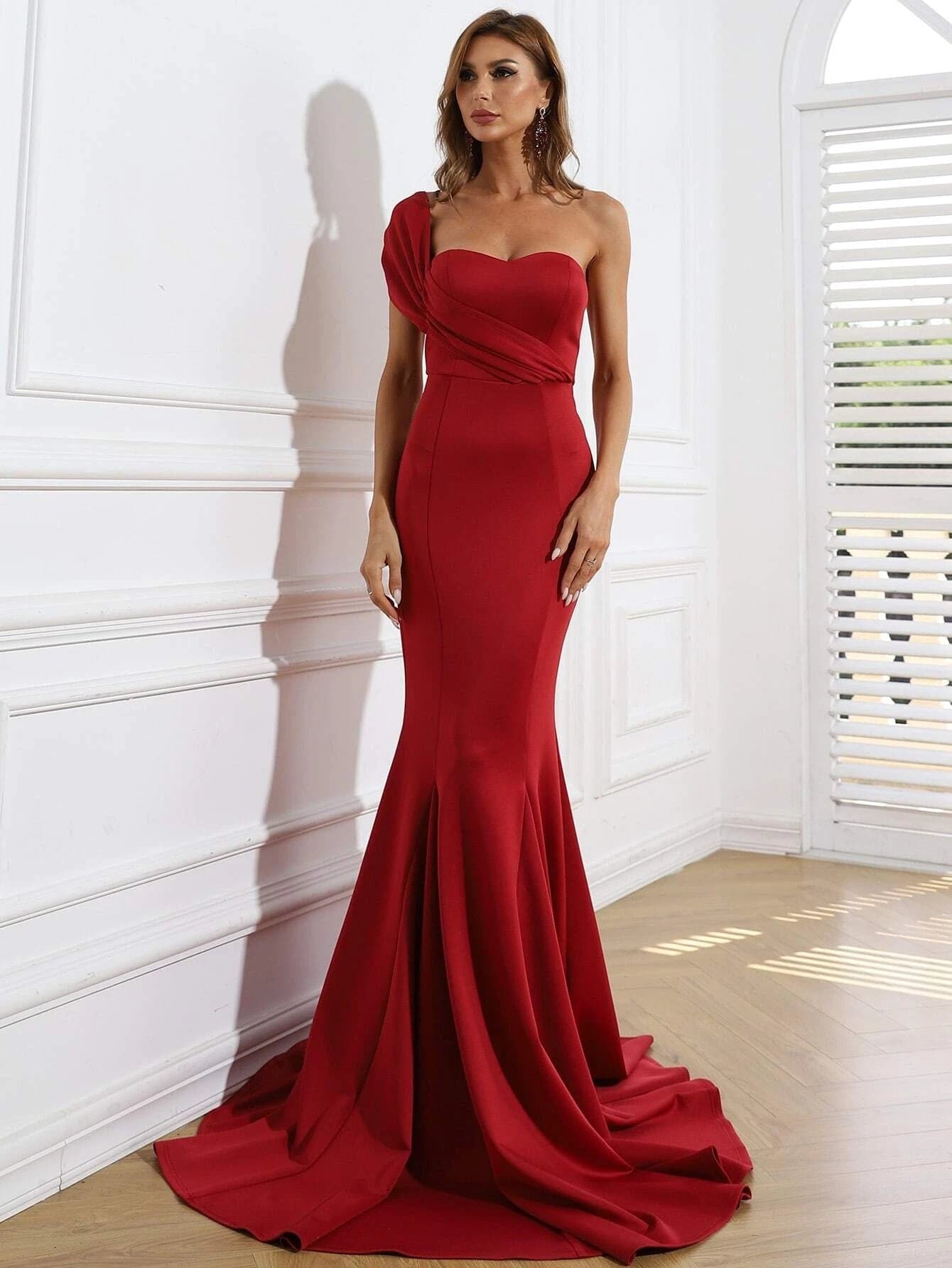 One Shoulder Sleeveless Mermaid Maxi Red Prom Dress XH1408 MISS ORD