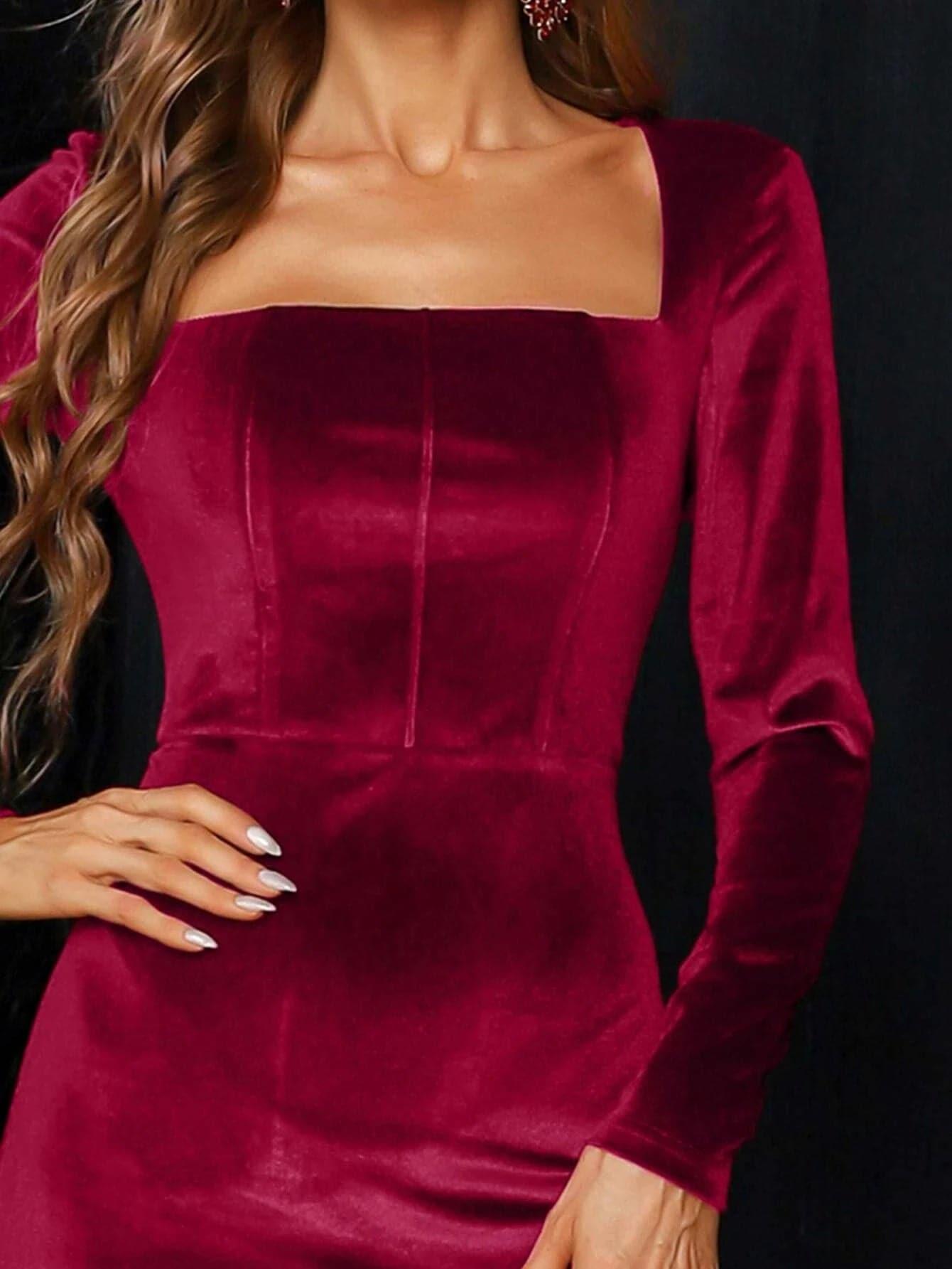 Square Neck Velvet Midi Cocktail Dress XJ413 - MISS ORD