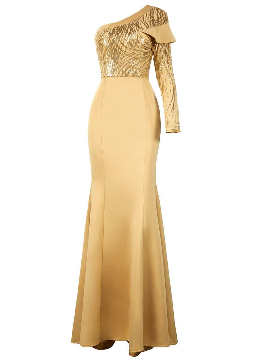 Formal One Shoulder Knit Apricot Dress XJ1548 - MISS ORD