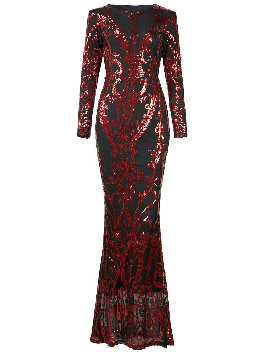 Damask Red Sequin Mermaid Hem Prom Dress M0730 MISS ORD