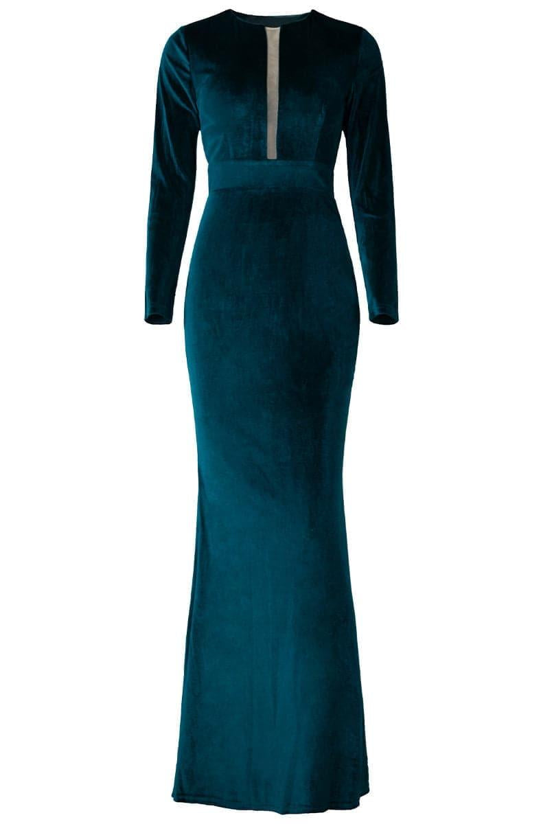 Long Sleeve Velvet Green Evening Dress XJ940 - MISS ORD