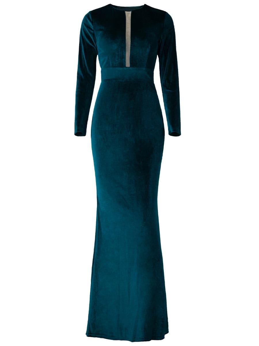 Long Sleeve Velvet Green Evening Dress XJ940 - MISS ORD