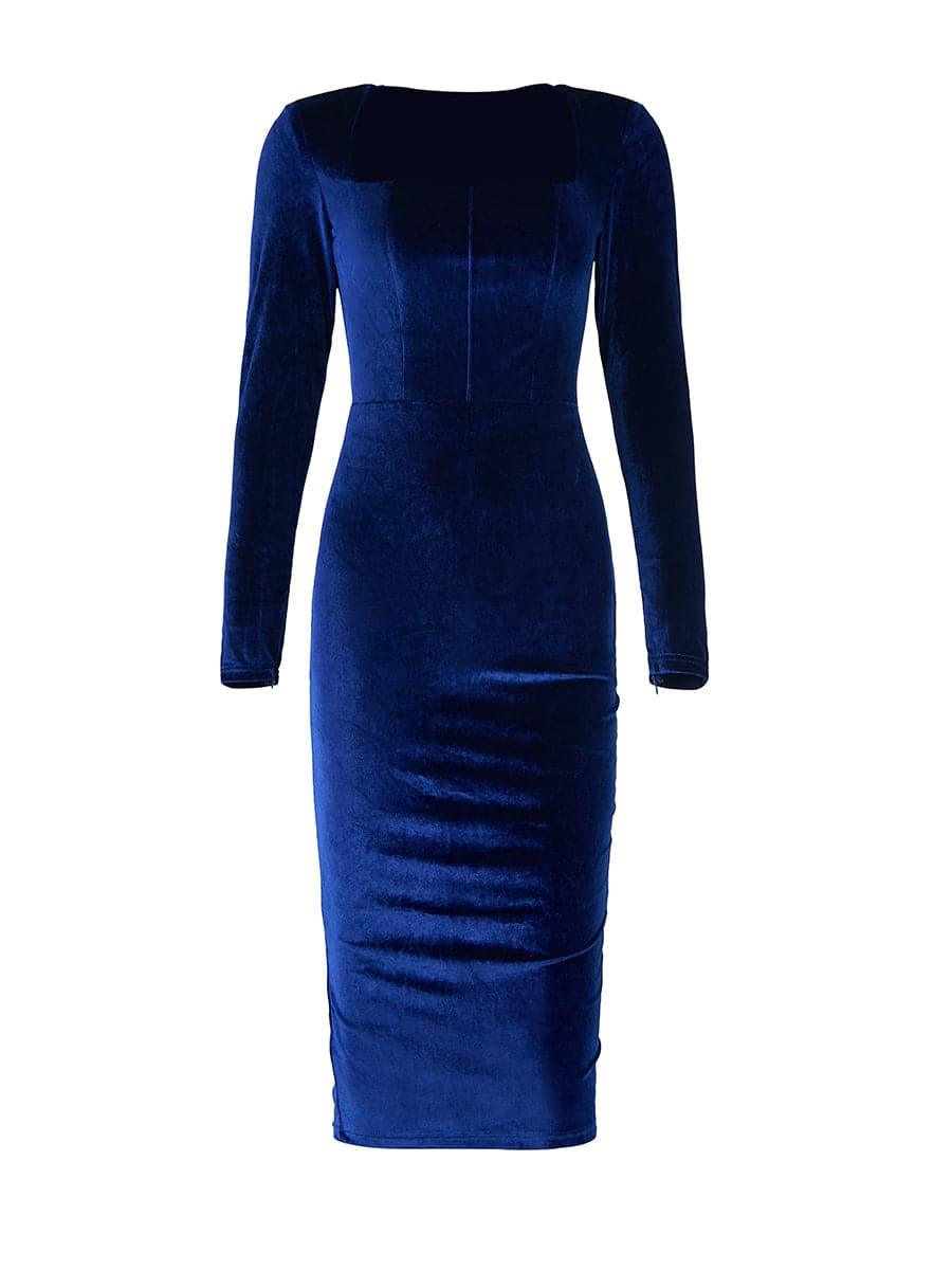 Square Neck Velvet Midi Cocktail Dress XJ413 - MISS ORD
