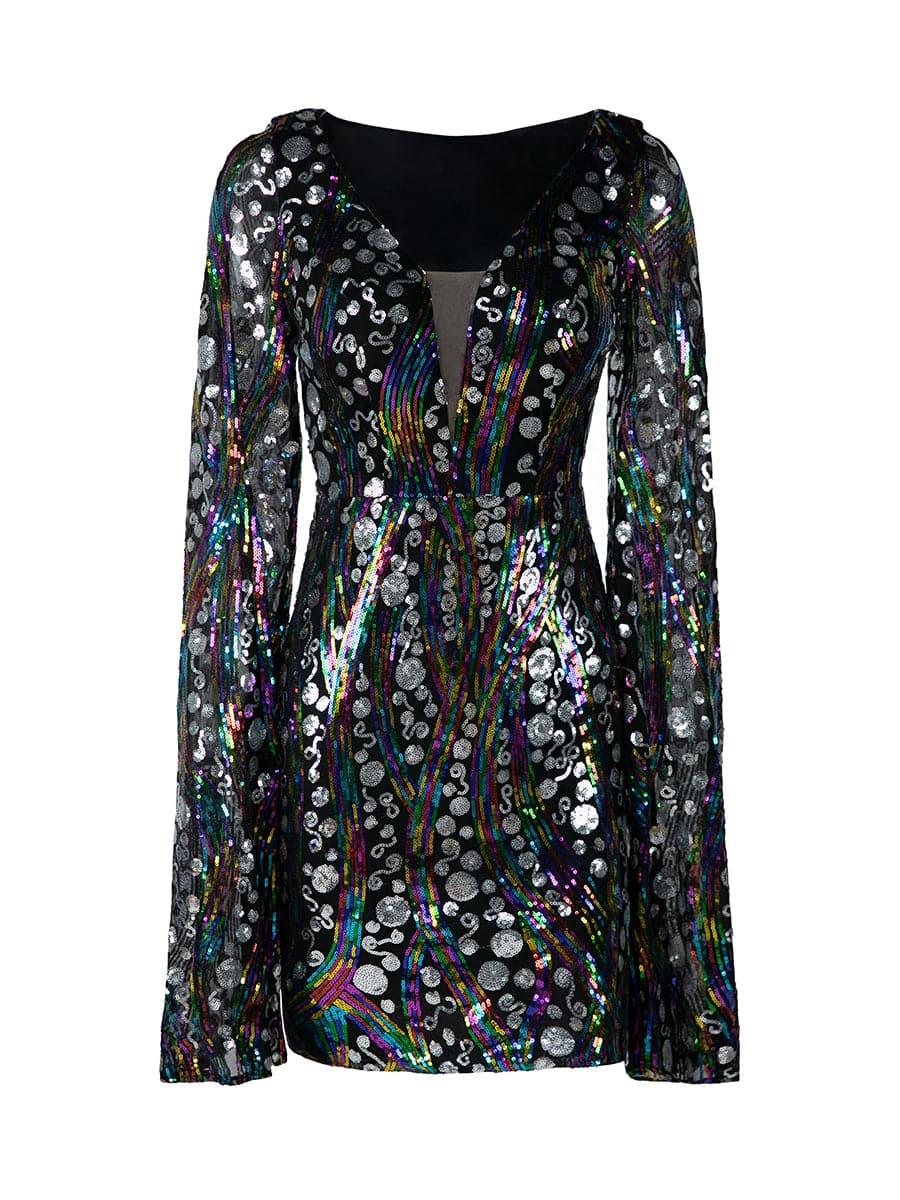 V-Neck Flared Sleeve Multicolor Sequin Mini Dress XJ1936 - MISS ORD