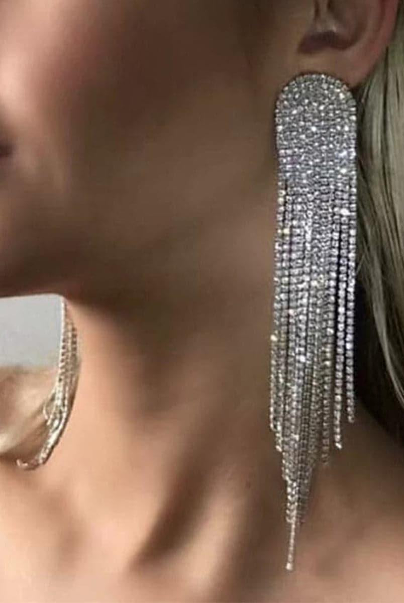 Chain Alloy Inlay Stone Long Tassel Earrings MSE101023 - MISS ORD