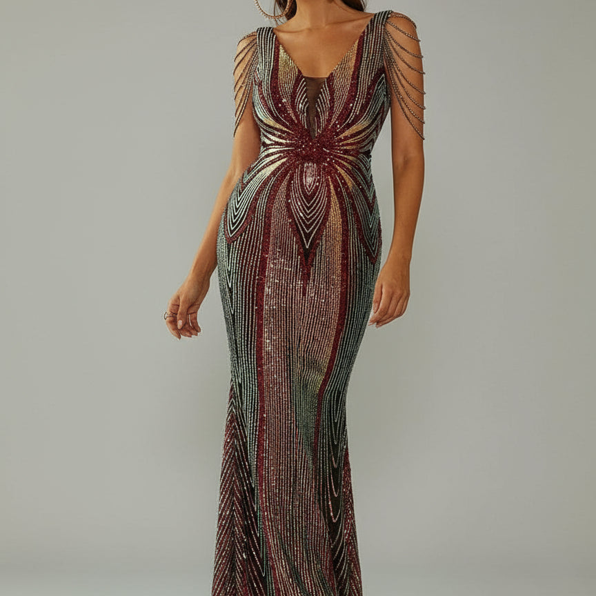 V Neck Elegant Multicolor Maxi Sequin Prom Dress M02092 MISS ORD